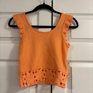 Orange Boho Crochet Sweater Crop Top with Ruffle sleeves